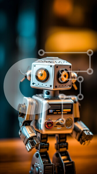 Intra Συλλεκτικό Ξύλινο Παζλ Plywood  4mm - Φουτουριστικό ρομπότ που στέκεται σε ένα ξύλινο τραπέζι Σε Ξύλινο Κουτί - Διαστάσεις Puzzle: 10x10 cm – 25 κομμάτια