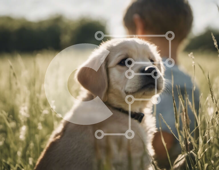 Σετ των 2 Intra Συλλεκτικό Ξύλινο Παζλ Plywood  4mm - Κουτάβι Golden Retriever σε ένα χωράφι με ψηλό γρασίδι Σε Ξύλινο Κουτί - Διαστάσεις: 10x10 cm – 25 κομμάτια