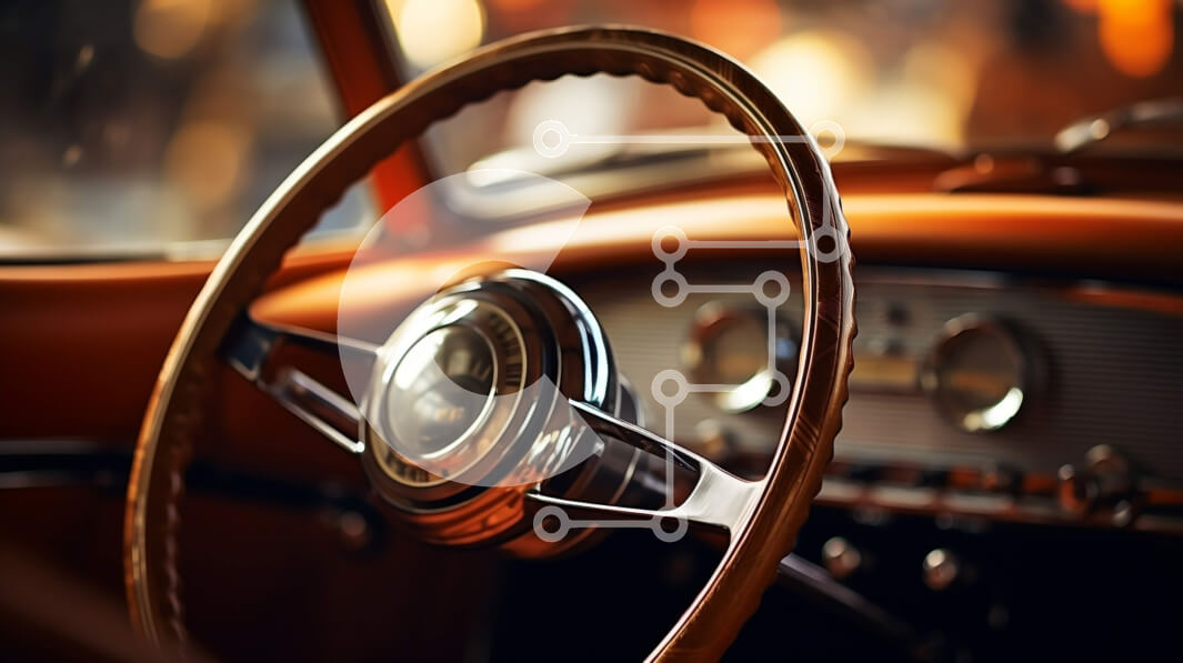 Intra Συλλεκτικό Ξύλινο Παζλ Plywood  4mm - Vintage εσωτερικό αυτοκινήτου με ξύλινο τιμόνι και δερμάτινο κάλυμμα Σε Ξύλινο Κουτί - Διαστάσεις Puzzle: 10x10 cm – 25 κομμάτια