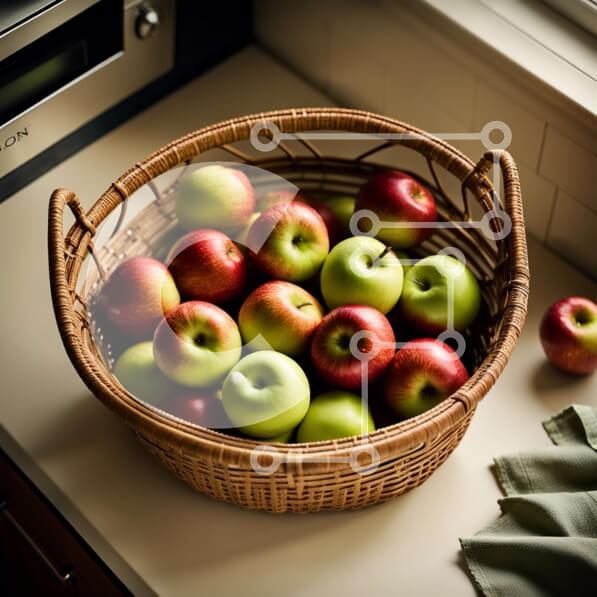 Σετ των 2 Intra Συλλεκτικό Ξύλινο Παζλ Plywood  4mm - Όμορφη εικόνα των μήλων σε ένα ψάθινο καλάθι σε έναν πάγκο κουζίνας Σε Ξύλινο Κουτί - Διαστάσεις: 10x10 cm – 25 κομμάτια