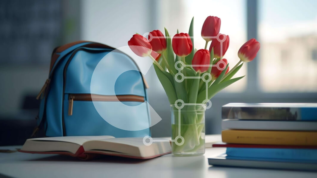 Intra Συλλεκτικό Ξύλινο Παζλ Plywood  4mm - Σακίδιο πλάτης, βιβλία και κόκκινες τουλίπες στο τραπέζι Σε Ξύλινο Κουτί - Διαστάσεις Puzzle: 10x10 cm – 25 κομμάτια