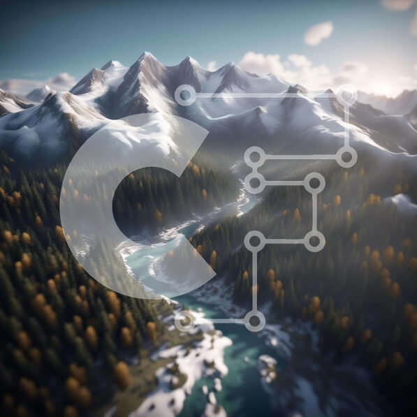 Intra Συλλεκτικό Ξύλινο Παζλ Plywood  4mm - Εναέρια άποψη της χιονισμένης οροσειράς με τον ποταμό και τον καταρράκτη Σε Ξύλινο Κουτί - Διαστάσεις: 10x10 cm – 25 κομμάτια