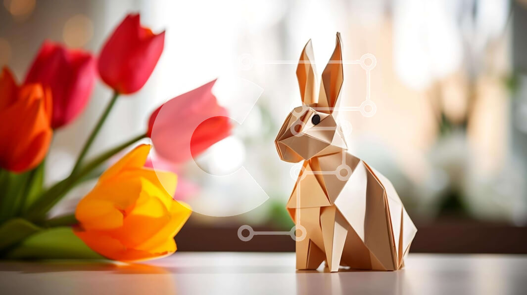 Intra Συλλεκτικό Ξύλινο Παζλ Plywood  4mm - Origami κουνέλι και τουλίπες για τον εορτασμό του Πάσχα Σε Ξύλινο Κουτί - Διαστάσεις: 10x10 cm – 25 κομμάτια