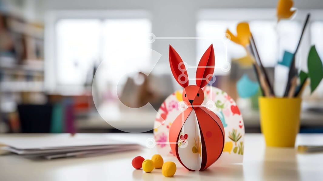 Intra Συλλεκτικό Ξύλινο Παζλ Plywood  4mm - Πολύχρωμο Πασχαλινό λαγουδάκι στο γραφείο Σε Ξύλινο Κουτί - Διαστάσεις Puzzle: 10x10 cm – 25 κομμάτια