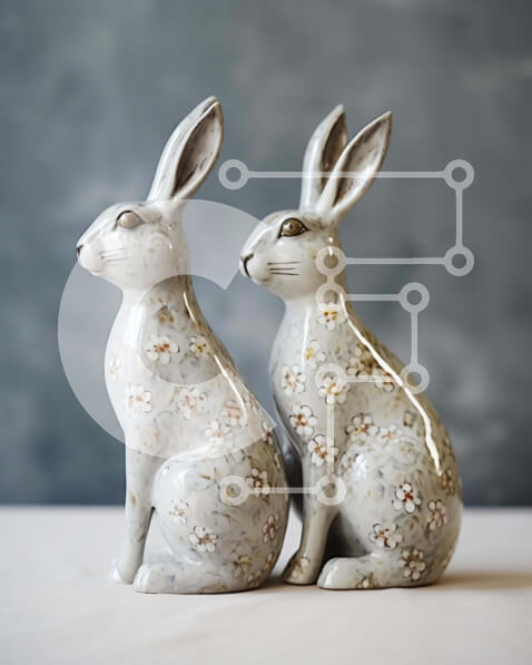 Intra Συλλεκτικό Ξύλινο Παζλ Plywood  4mm - Δύο κεραμικά ειδώλια κουνελιών με λουλουδάτα σχέδια Σε Ξύλινο Κουτί - Διαστάσεις: 10x10 cm – 25 κομμάτια