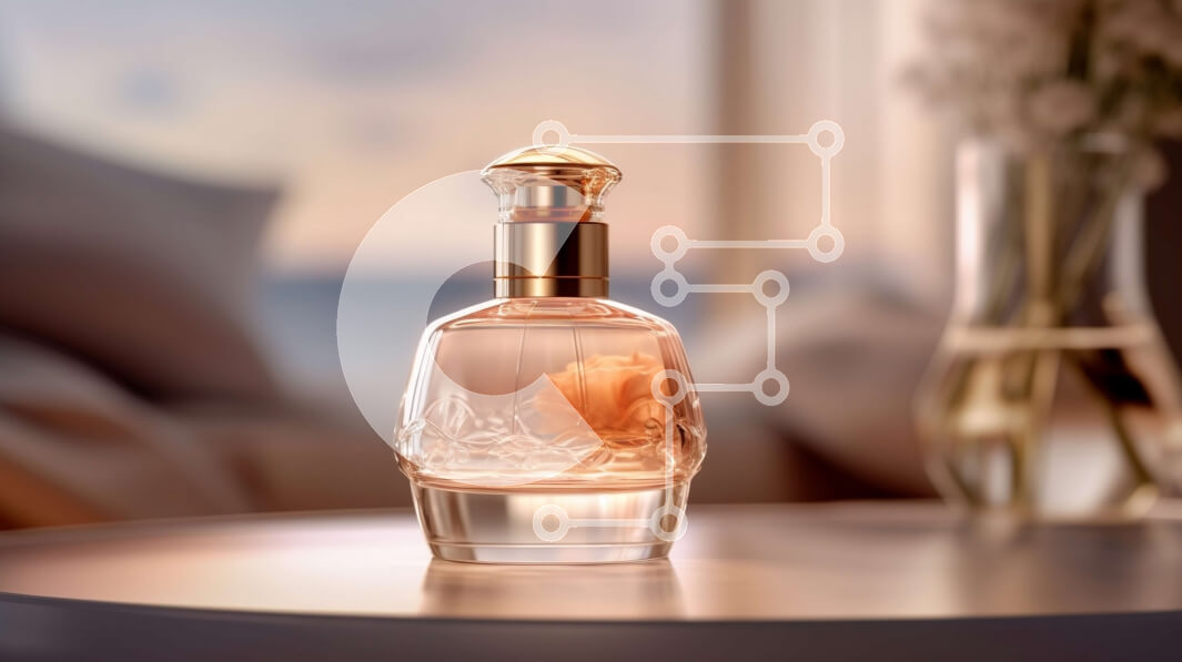 Intra Συλλεκτικό Ξύλινο Παζλ Plywood  4mm - Κομψό μπουκάλι αρώματος με φόντο θέα στον ωκεανό Σε Ξύλινο Κουτί - Διαστάσεις Puzzle: 10x10 cm – 25 κομμάτια