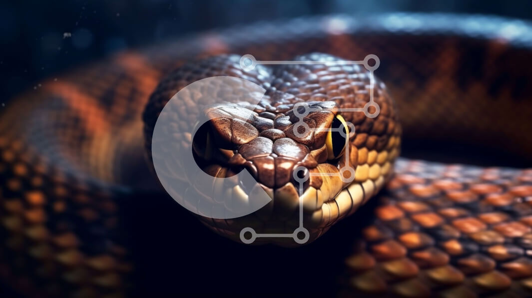 Σετ των 2 Intra Συλλεκτικό Ξύλινο Παζλ Plywood  4mm - Πανέμορφη κοντινή εικόνα του κεφαλιού ενός φιδιού με καφέ και κίτρινο σχέδιο Σε Ξύλινο Κουτί - Διαστάσεις: 10x10 cm – 25 κομμάτια