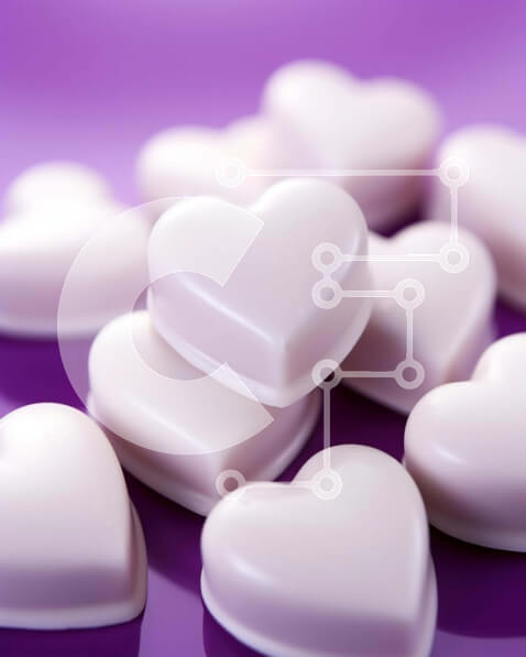 Intra Συλλεκτικό Ξύλινο Παζλ Plywood  4mm - Λευκές καραμέλες σε σχήμα καρδιάς σε μωβ φόντο Σε Ξύλινο Κουτί - Διαστάσεις Puzzle: 10x10 cm – 25 κομμάτια