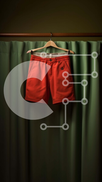 Intra Συλλεκτικό Ξύλινο Παζλ Plywood  4mm - Κομψό κόκκινο σορτς στην κρεμάστρα μπροστά από την πράσινη κουρτίνα Σε Ξύλινο Κουτί - Διαστάσεις Puzzle: 10x10 cm – 25 κομμάτια