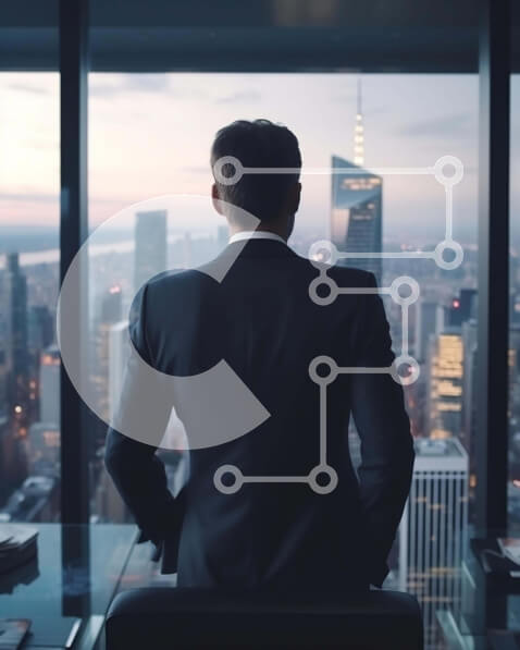 Intra Συλλεκτικό Ξύλινο Παζλ Plywood  4mm - Επιχειρηματίας που στέκεται μπροστά από το παράθυρο του γραφείου με θέα στον ορίζοντα της πόλης Σε Ξύλινο Κουτί - Διαστάσεις Puzzle: 10x10 cm – 25 κομμάτια