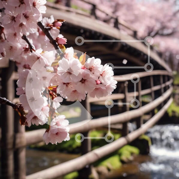 Intra Συλλεκτικό Ξύλινο Παζλ Plywood  4mm - Γέφυρα με ροζ άνθη κερασιάς την άνοιξη Σε Ξύλινο Κουτί - Διαστάσεις: 10x10 cm – 25 κομμάτια