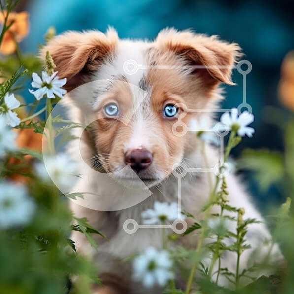 Intra Συλλεκτικό Ξύλινο Παζλ Plywood  4mm - Αξιολάτρευτο κουτάβι που κάθεται σε έναν κήπο με μπλε και λευκά λουλούδια Σε Ξύλινο Κουτί - Διαστάσεις: 10x10 cm – 25 κομμάτια