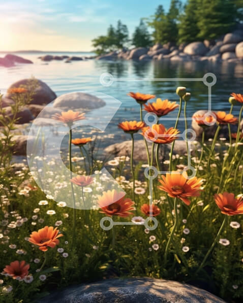 Intra Συλλεκτικό Ξύλινο Παζλ Plywood  4mm - Εκπληκτικό ηλιοβασίλεμα τοπίο με αγριολούλουδα δίπλα στο νερό Σε Ξύλινο Κουτί - Διαστάσεις: 10x10 cm – 25 κομμάτια