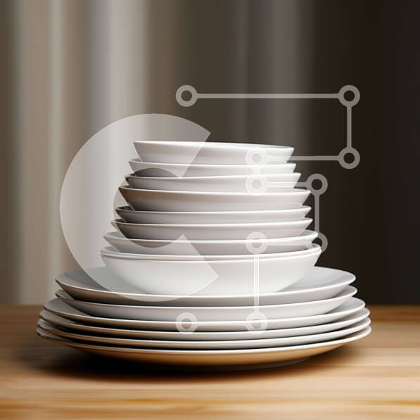 Intra Συλλεκτικό Ξύλινο Παζλ Plywood  4mm - Στοίβα από λευκά πιάτα σε ξύλινο τραπέζι Σε Ξύλινο Κουτί - Διαστάσεις Puzzle: 10x10 cm – 25 κομμάτια