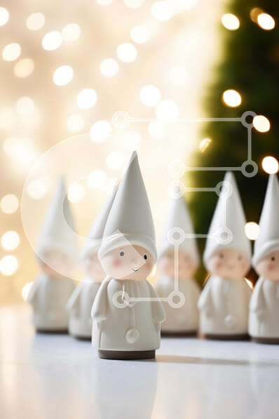 Intra Συλλεκτικό Ξύλινο Παζλ Plywood  4mm - Ομάδα λευκών ειδωλίων Gnome μπροστά από το χριστουγεννιάτικο δέντρο Σε Ξύλινο Κουτί - Διαστάσεις: 10x10 cm – 25 κομμάτια