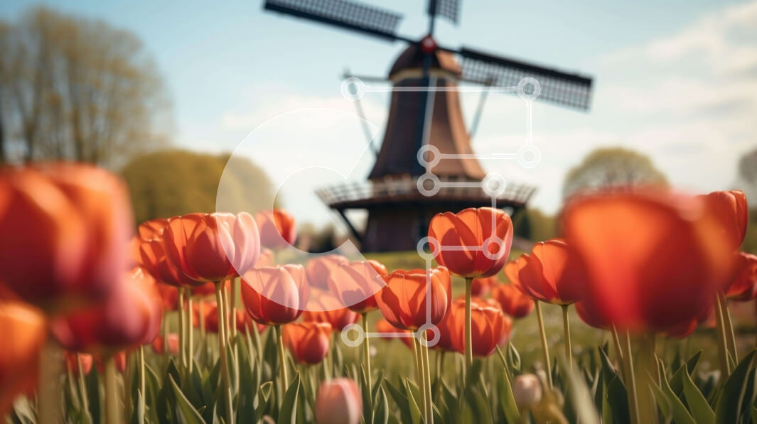 Intra Συλλεκτικό Ξύλινο Παζλ Plywood  4mm - Πορτοκαλί πεδίο τουλιπών με τον ανεμόμυλο στην Ολλανδία Σε Ξύλινο Κουτί - Διαστάσεις: 10x10 cm – 25 κομμάτια