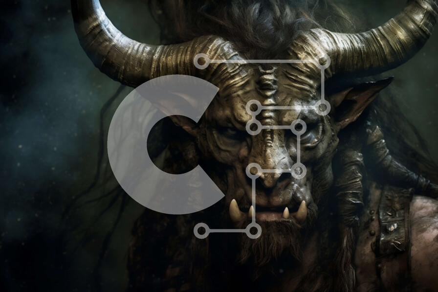 Intra Συλλεκτικό Ξύλινο Παζλ Plywood  4mm - Κοντινό πλάνο Πρόσωπο Δαίμονα με κέρατα, γενειάδα, στέμμα και σκήπτρο Σε Ξύλινο Κουτί - Διαστάσεις Puzzle: 10x10 cm – 25 κομμάτια