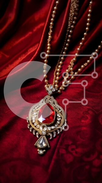 Intra Συλλεκτικό Ξύλινο Παζλ Plywood  4mm - Πολυτελές και κομψό κόκκινο μενταγιόν πολύτιμων λίθων σε κόκκινο μεταξωτό ύφασμα Σε Ξύλινο Κουτί - Διαστάσεις Puzzle: 10x10 cm – 25 κομμάτια