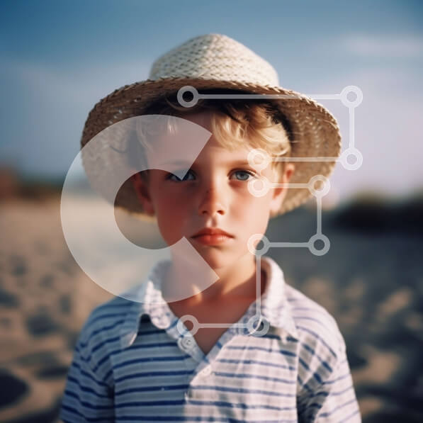 Intra Συλλεκτικό Ξύλινο Παζλ Plywood  4mm - Αγόρι στην παραλία με ψάθινο καπέλο, ριγέ πουκάμισο και σορτς Σε Ξύλινο Κουτί - Διαστάσεις Puzzle: 10x10 cm – 25 κομμάτια