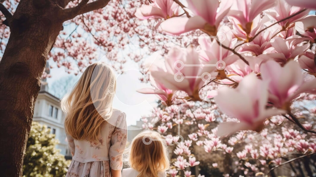 Intra Συλλεκτικό Ξύλινο Παζλ Plywood  4mm - Μητέρα και κόρη κάτω από το ανθισμένο δέντρο μανόλιας Σε Ξύλινο Κουτί - Διαστάσεις: 10x10 cm – 25 κομμάτια