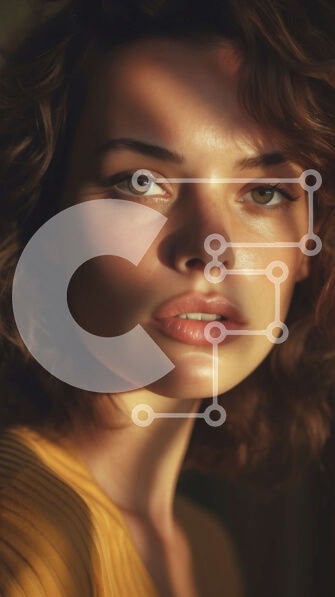 Intra Συλλεκτικό Ξύλινο Παζλ Plywood  4mm - Σοβαρό πορτρέτο γυναίκας με σγουρά καστανά μαλλιά σε κίτρινη κορυφή Σε Ξύλινο Κουτί - Διαστάσεις Puzzle: 10x10 cm – 25 κομμάτια