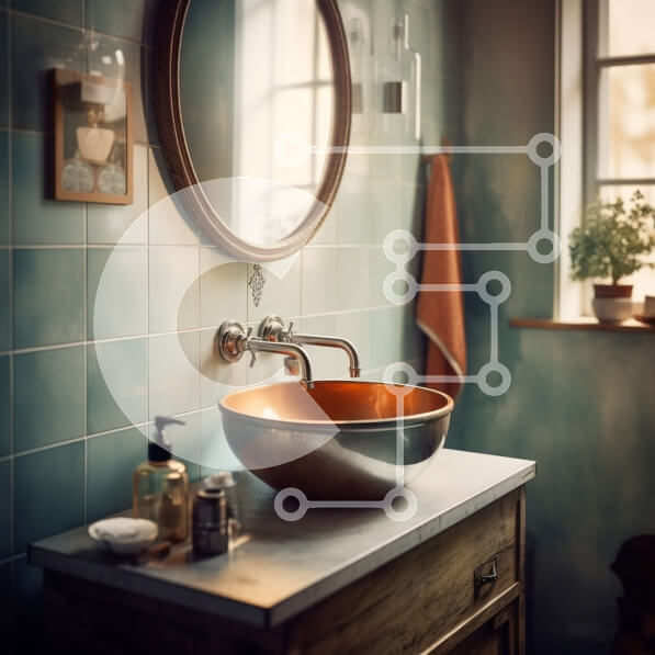 Intra Συλλεκτικό Ξύλινο Παζλ Plywood  4mm - Κομψό μπάνιο με χάλκινο νεροχύτη και πράσινα πλακάκια Σε Ξύλινο Κουτί - Διαστάσεις Puzzle: 10x10 cm – 25 κομμάτια