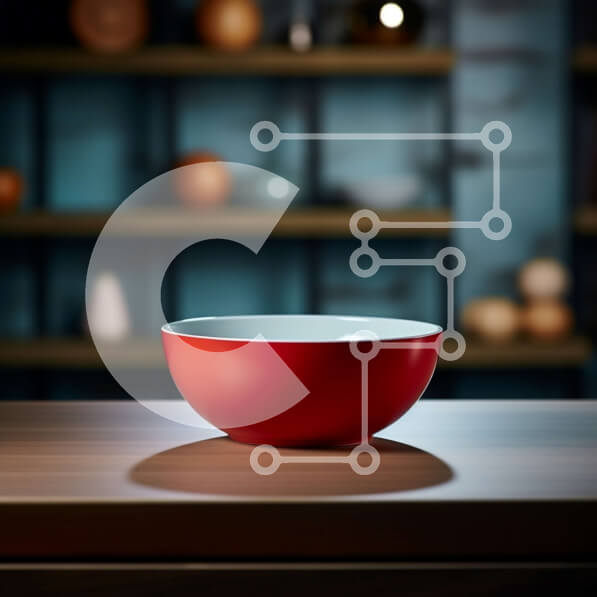 Intra Συλλεκτικό Ξύλινο Παζλ Plywood  4mm - Κόκκινο μπολ σε ξύλινο τραπέζι μπροστά από το ράφι Σε Ξύλινο Κουτί - Διαστάσεις Puzzle: 10x10 cm – 25 κομμάτια