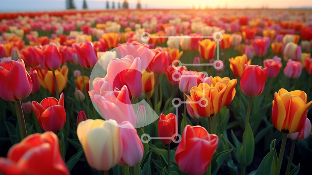 Intra Συλλεκτικό Ξύλινο Παζλ Plywood  4mm - Εκπληκτική εικόνα του χωραφιού της τουλίπας στο ηλιοβασίλεμα Σε Ξύλινο Κουτί - Διαστάσεις: 10x10 cm – 25 κομμάτια