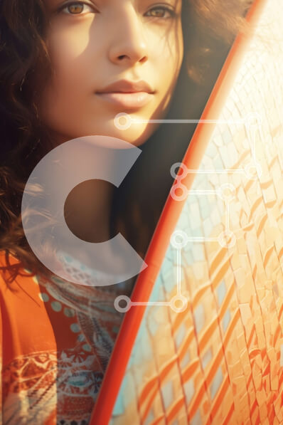 Intra Συλλεκτικό Ξύλινο Παζλ Plywood  4mm - Εκπληκτική εικόνα μιας νεαρής γυναίκας με σγουρά καστανά μαλλιά και σανίδα του σερφ Σε Ξύλινο Κουτί - Διαστάσεις Puzzle: 10x10 cm – 25 κομμάτια