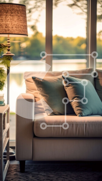 Intra Συλλεκτικό Ξύλινο Παζλ Plywood  4mm - Όμορφη εικόνα ενός σαλονιού με έναν λευκό καναπέ και μπλε μαξιλάρια Σε Ξύλινο Κουτί - Διαστάσεις Puzzle: 10x10 cm – 25 κομμάτια