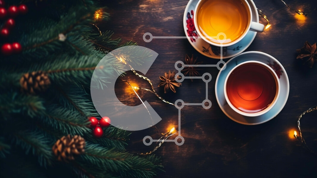 Intra Συλλεκτικό Ξύλινο Παζλ Plywood  4mm - Χριστουγεννιάτικα φλιτζάνια τσαγιού σε ξύλινο τραπέζι με διακοσμητικό χριστουγεννιάτικο δέντρο Σε Ξύλινο Κουτί - Διαστάσεις Puzzle: 10x10 cm – 25 κομμάτια