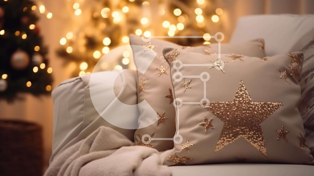 Intra Συλλεκτικό Ξύλινο Παζλ Plywood  4mm - Μαξιλάρια χρυσού αστεριού σε λευκό καναπέ με χριστουγεννιάτικο δέντρο Σε Ξύλινο Κουτί - Διαστάσεις: 10x10 cm – 25 κομμάτια