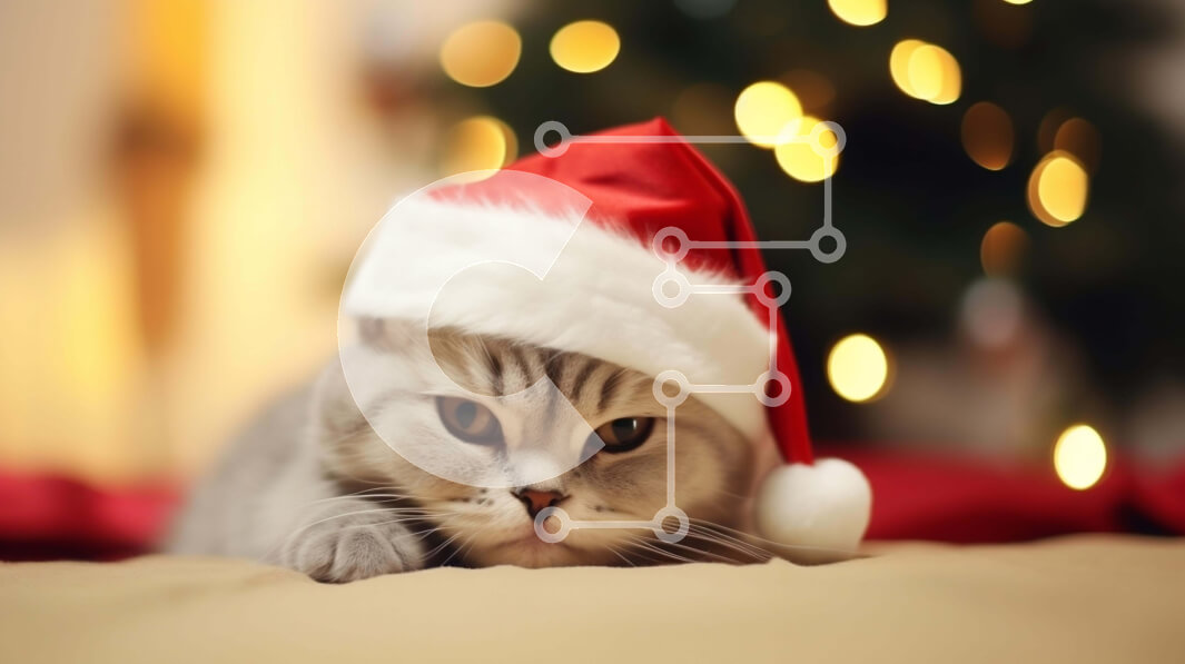 Intra Συλλεκτικό Ξύλινο Παζλ Plywood  4mm - Γκρίζα γάτα με καπέλο Άγιου Βασίλη στο κρεβάτι Σε Ξύλινο Κουτί - Διαστάσεις: 10x10 cm – 25 κομμάτια