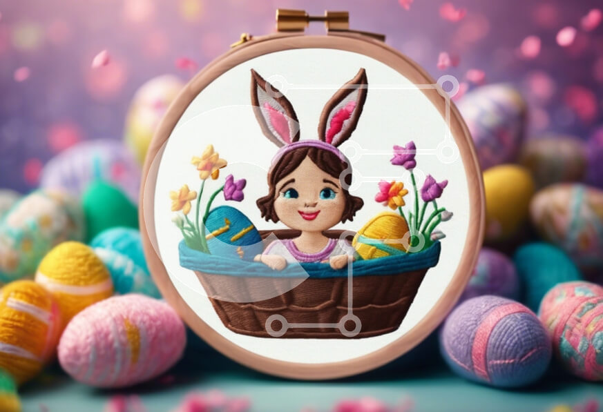 Intra Συλλεκτικό Ξύλινο Παζλ Plywood  4mm - Πασχαλινό σχέδιο κεντήματος λαγουδάκι με κορίτσι σε καλάθι και αυγά Σε Ξύλινο Κουτί - Διαστάσεις: 10x10 cm – 25 κομμάτια