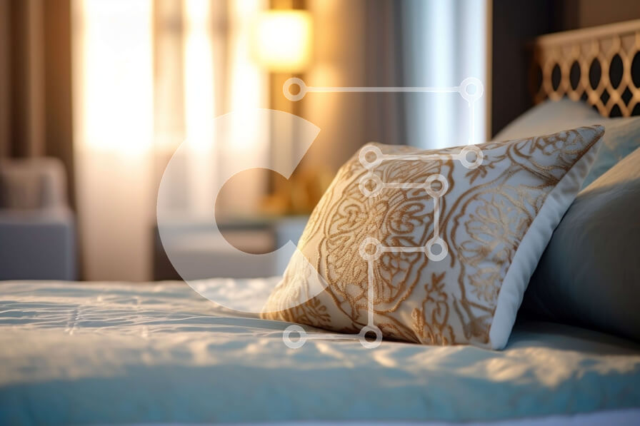 Intra Συλλεκτικό Ξύλινο Παζλ Plywood  4mm - Κομψή διακόσμηση υπνοδωματίου: Λευκό και μπλε κάλυμμα κρεβατιού με ασορτί μαξιλάρια και φωτιστικό Σε Ξύλινο Κουτί - Διαστάσεις Puzzle: 10x10 cm – 25 κομμάτια