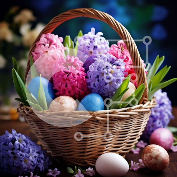 Intra Συλλεκτικό Ξύλινο Παζλ Plywood  4mm - Πολύχρωμα Πασχαλινά αυγά και υάκινθοι σε ένα ψάθινο καλάθι Σε Ξύλινο Κουτί - Διαστάσεις: 10x10 cm – 25 κομμάτια