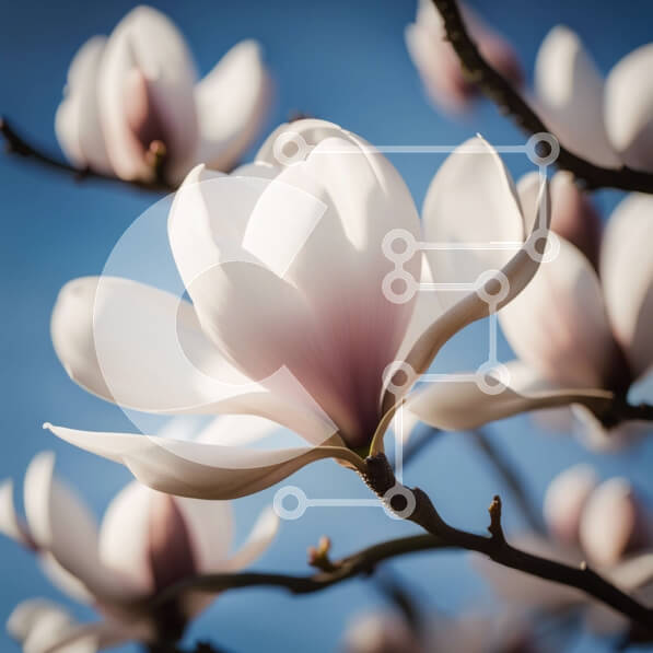 Intra Συλλεκτικό Ξύλινο Παζλ Plywood  4mm - Όμορφο λευκό λουλούδι Magnolia σε πλήρη άνθιση ενάντια σε έναν καθαρό μπλε ουρανό Σε Ξύλινο Κουτί - Διαστάσεις: 10x10 cm – 25 κομμάτια
