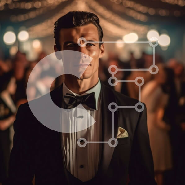 Intra Συλλεκτικό Ξύλινο Παζλ Plywood  4mm - Επίσημη σκηνή με άντρα με σμόκιν και πλήθος σε κομψό δωμάτιο Σε Ξύλινο Κουτί - Διαστάσεις Puzzle: 10x10 cm – 25 κομμάτια