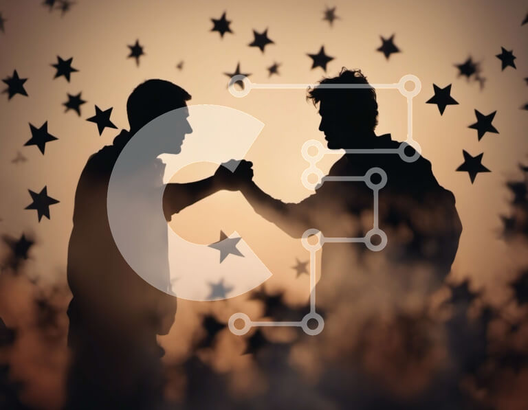 Intra Συλλεκτικό Ξύλινο Παζλ Plywood  4mm - Δύο άνδρες που δίνουν τα χέρια με αστέρια στο παρασκήνιο Σε Ξύλινο Κουτί - Διαστάσεις Puzzle: 10x10 cm – 25 κομμάτια