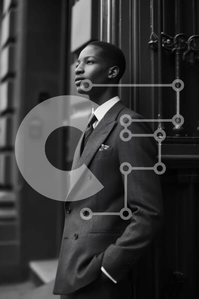 Intra Συλλεκτικό Ξύλινο Παζλ Plywood  4mm - Κομψά ντυμένος άνδρας που γέρνει στον τοίχο σε ασπρόμαυρη φωτογραφία Σε Ξύλινο Κουτί - Διαστάσεις Puzzle: 10x10 cm – 25 κομμάτια