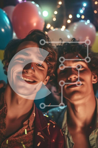 Intra Συλλεκτικό Ξύλινο Παζλ Plywood  4mm - Διασκεδαστική και εορταστική εικόνα δύο ανδρών με πολύχρωμα μπαλόνια Σε Ξύλινο Κουτί - Διαστάσεις Puzzle: 10x10 cm – 25 κομμάτια