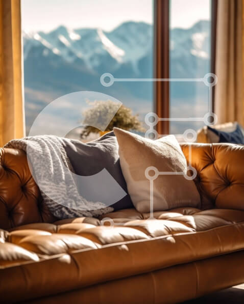 Intra Συλλεκτικό Ξύλινο Παζλ Plywood  4mm - Άνετο σαλόνι με θέα στο βουνό από καφέ δερμάτινο καναπέ Σε Ξύλινο Κουτί - Διαστάσεις Puzzle: 10x10 cm – 25 κομμάτια