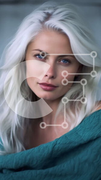 Intra Συλλεκτικό Ξύλινο Παζλ Plywood  4mm - Εκπληκτική εικόνα μιας γυναίκας με μακριά λευκά μαλλιά και ένα τιρκουάζ σάλι Σε Ξύλινο Κουτί - Διαστάσεις Puzzle: 10x10 cm – 25 κομμάτια