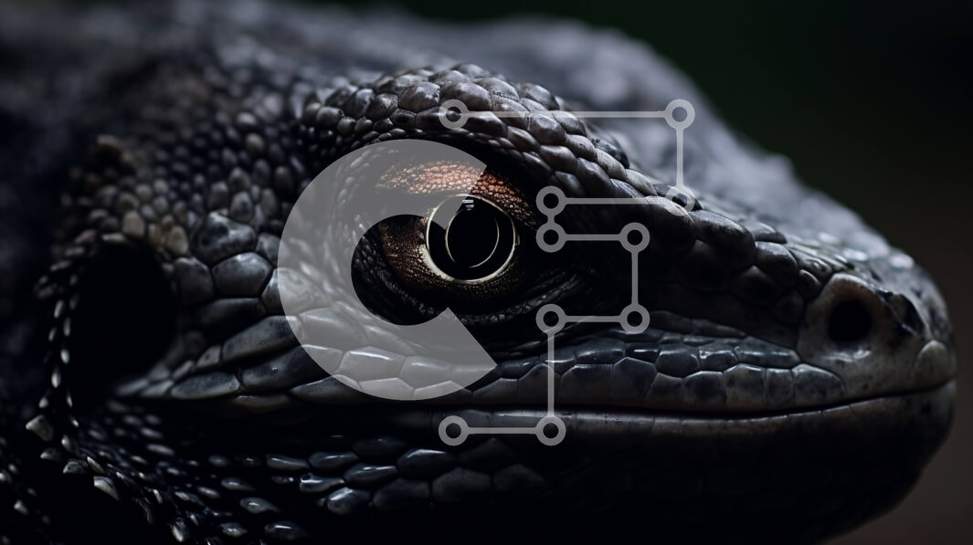 Σετ των 2 Intra Συλλεκτικό Ξύλινο Παζλ Plywood  4mm - Κοντινό πλάνο του προσώπου μιας μαύρης σαύρας με ορθάνοιχτα μάτια Σε Ξύλινο Κουτί - Διαστάσεις: 10x10 cm – 25 κομμάτια