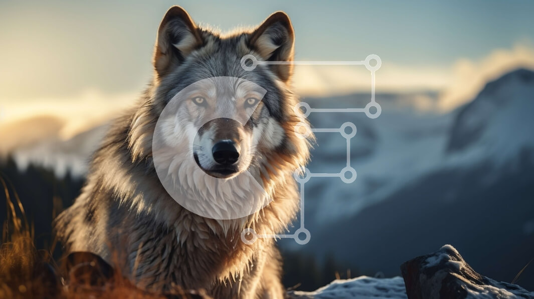 Intra Συλλεκτικό Ξύλινο Παζλ Plywood  4mm - Γκρίζος λύκος που στέκεται σε βραχώδες έδαφος με βουνά στο φόντο Σε Ξύλινο Κουτί - Διαστάσεις: 10x10 cm – 25 κομμάτια