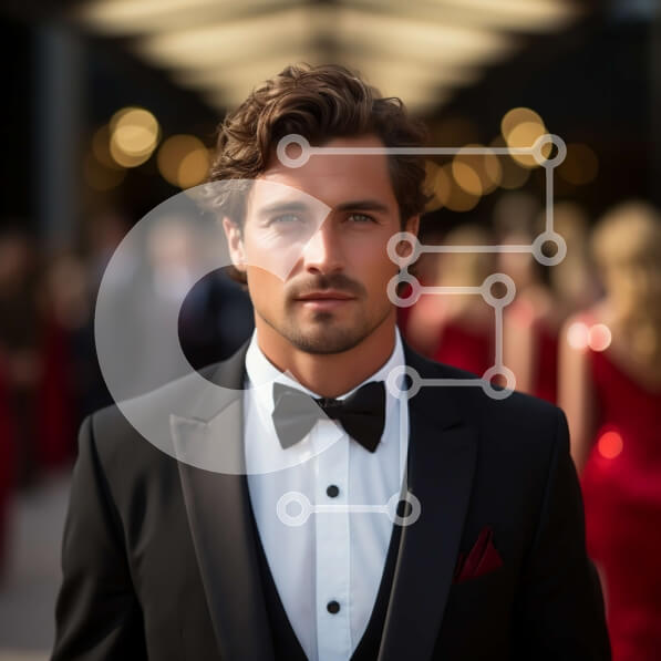 Intra Συλλεκτικό Ξύλινο Παζλ Plywood  4mm - Κομψός άνδρας με κόκκινο τριαντάφυλλο στο χέρι που στέκεται μπροστά από μια ομάδα γυναικών με κόκκινα φορέματα Σε Ξύλινο Κουτί - Διαστάσεις Puzzle: 10x10 cm – 25 κομμάτια