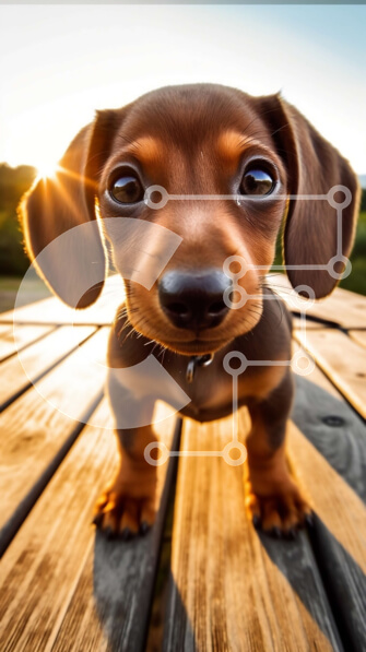 Σετ των 2 Intra Συλλεκτικό Ξύλινο Παζλ Plywood  4mm - Χαριτωμένη εικόνα ενός σκύλου Dachshund που απολαμβάνει τον ήλιο σε ένα ξύλινο κατάστρωμα Σε Ξύλινο Κουτί - Διαστάσεις: 10x10 cm – 25 κομμάτια