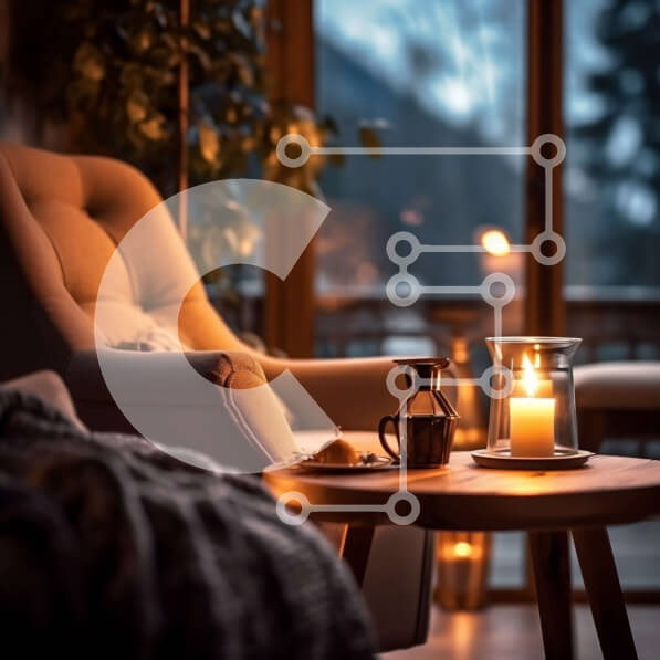 Intra Συλλεκτικό Ξύλινο Παζλ Plywood  4mm - Ζεστό και φιλόξενο σαλόνι με θέα στα χιονισμένα δέντρα και τα βουνά Σε Ξύλινο Κουτί - Διαστάσεις Puzzle: 10x10 cm – 25 κομμάτια