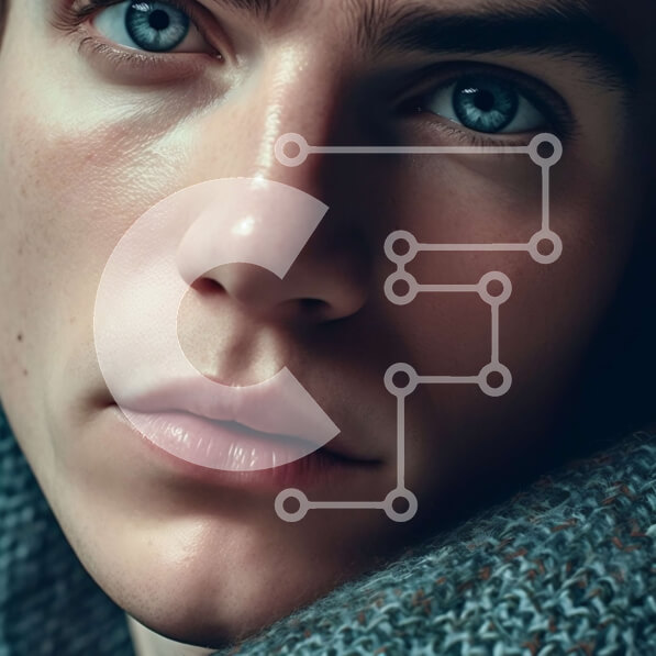 Intra Συλλεκτικό Ξύλινο Παζλ Plywood  4mm - Πορτρέτο ενός νεαρού άνδρα με μπλε μάτια σε ένα γκρι πουλόβερ Σε Ξύλινο Κουτί - Διαστάσεις Puzzle: 10x10 cm – 25 κομμάτια