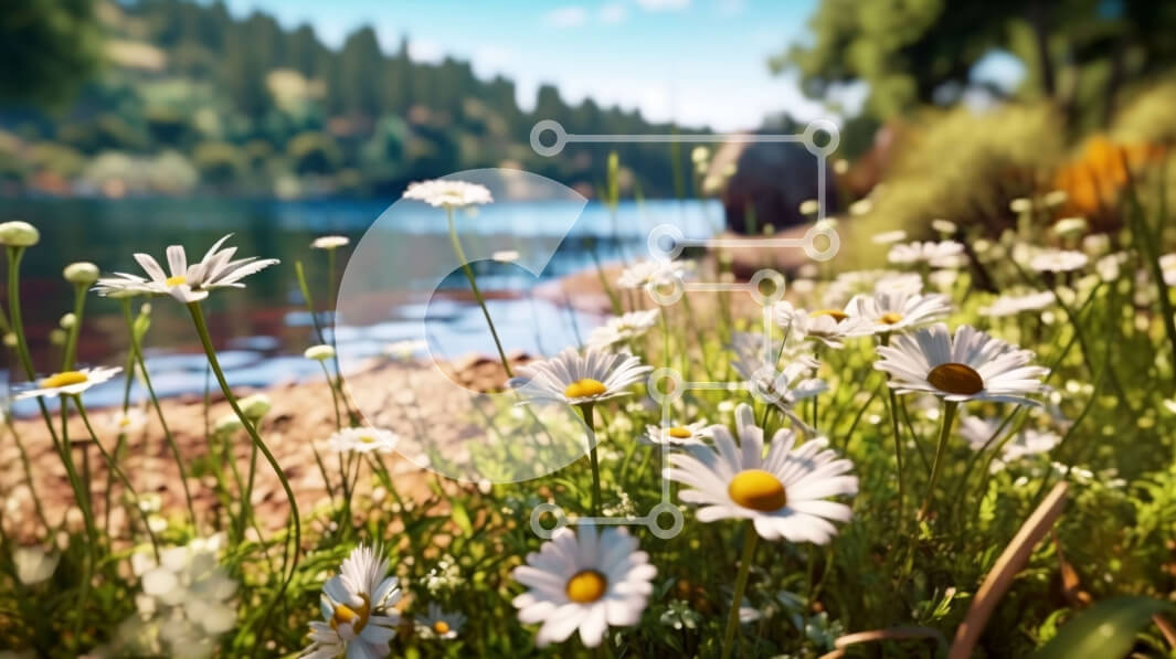 Intra Συλλεκτικό Ξύλινο Παζλ Plywood  4mm - Όμορφο τοπίο ενός χωραφιού με μαργαρίτες δίπλα σε μια λίμνη Σε Ξύλινο Κουτί - Διαστάσεις Puzzle: 10x10 cm – 25 κομμάτια